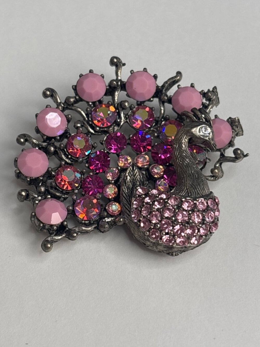 Rare Vintage Weiss Peacock Brooch with Pink Magenta Rhinestones Signed